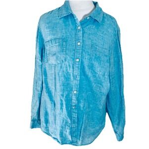 Talbots Womens Blue Button Up 100% Linen Petite Button Roll Tabs Long Sleeve LP